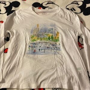 New J. Crew Long Sleeve white T-shirt with New York City ice-skating scene